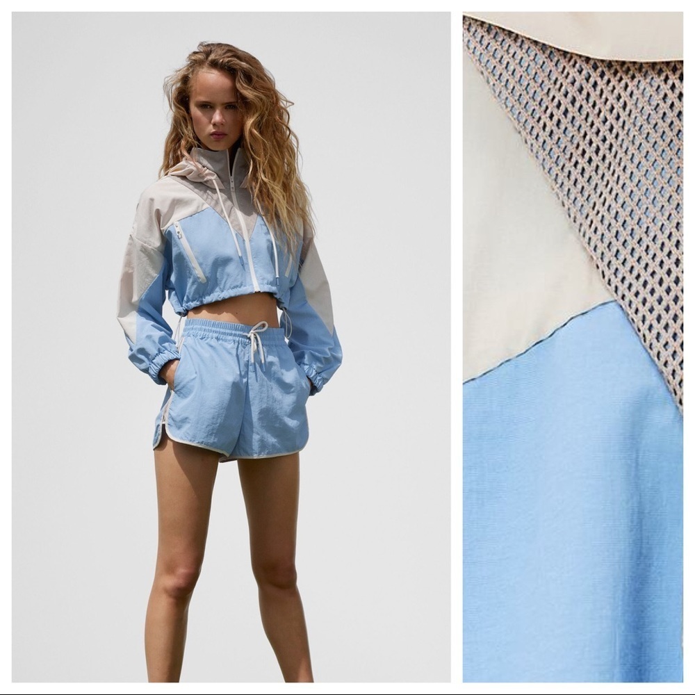 NWT. Zara Blue/Cream Combination Cropped Raincoat/Windbreaker Jacket. Size M. - Picture 2 of 8